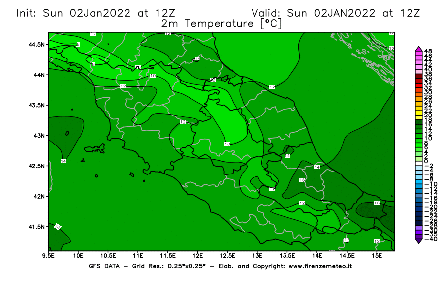 Mappa di analisi GFS - Temperatura a 2 metri dal suolo [°C] in Centro-Italia
							del 02/01/2022 12 <!--googleoff: index-->UTC<!--googleon: index-->