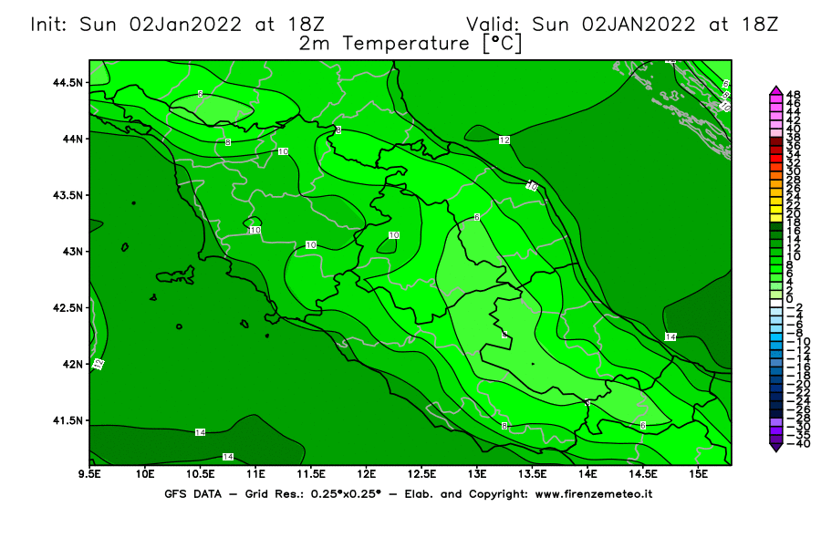 Mappa di analisi GFS - Temperatura a 2 metri dal suolo [°C] in Centro-Italia
							del 02/01/2022 18 <!--googleoff: index-->UTC<!--googleon: index-->