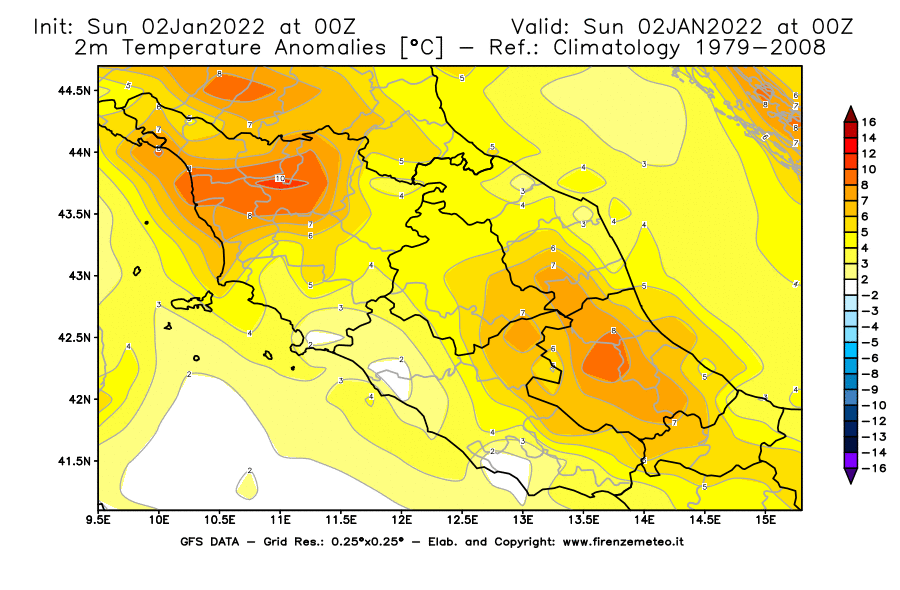 Mappa di analisi GFS - Anomalia Temperatura [°C] a 2 m in Centro-Italia
							del 02/01/2022 00 <!--googleoff: index-->UTC<!--googleon: index-->