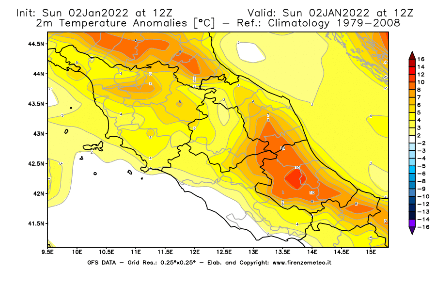 Mappa di analisi GFS - Anomalia Temperatura [°C] a 2 m in Centro-Italia
							del 02/01/2022 12 <!--googleoff: index-->UTC<!--googleon: index-->