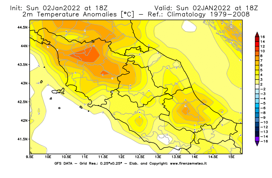 Mappa di analisi GFS - Anomalia Temperatura [°C] a 2 m in Centro-Italia
							del 02/01/2022 18 <!--googleoff: index-->UTC<!--googleon: index-->