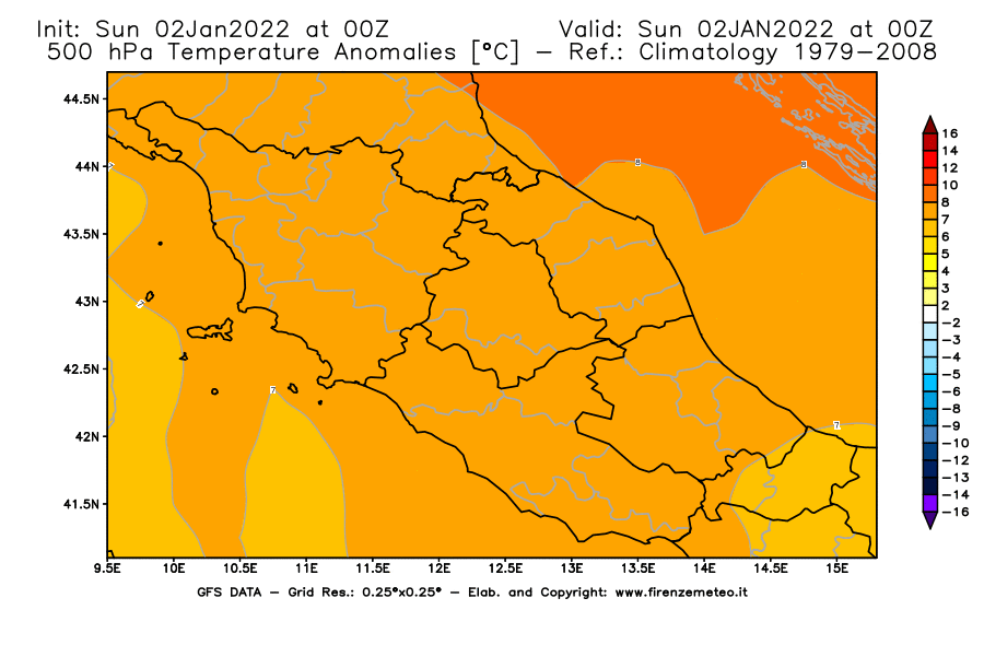 Mappa di analisi GFS - Anomalia Temperatura [°C] a 500 hPa in Centro-Italia
							del 02/01/2022 00 <!--googleoff: index-->UTC<!--googleon: index-->
