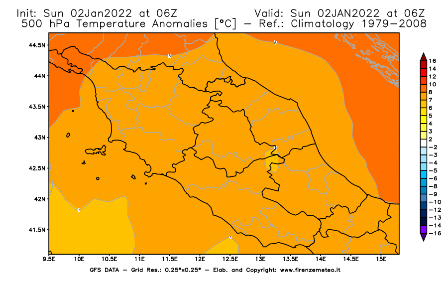 Mappa di analisi GFS - Anomalia Temperatura [°C] a 500 hPa in Centro-Italia
							del 02/01/2022 06 <!--googleoff: index-->UTC<!--googleon: index-->