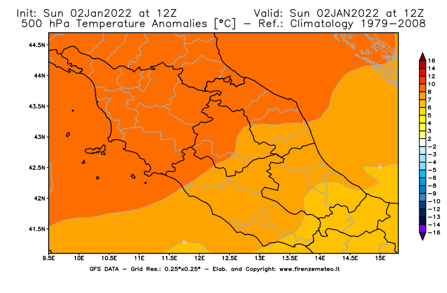 Mappa di analisi GFS - Anomalia Temperatura [°C] a 500 hPa in Centro-Italia
							del 02/01/2022 12 <!--googleoff: index-->UTC<!--googleon: index-->