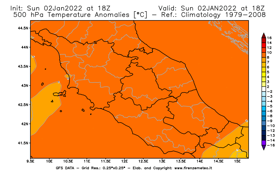 Mappa di analisi GFS - Anomalia Temperatura [°C] a 500 hPa in Centro-Italia
							del 02/01/2022 18 <!--googleoff: index-->UTC<!--googleon: index-->