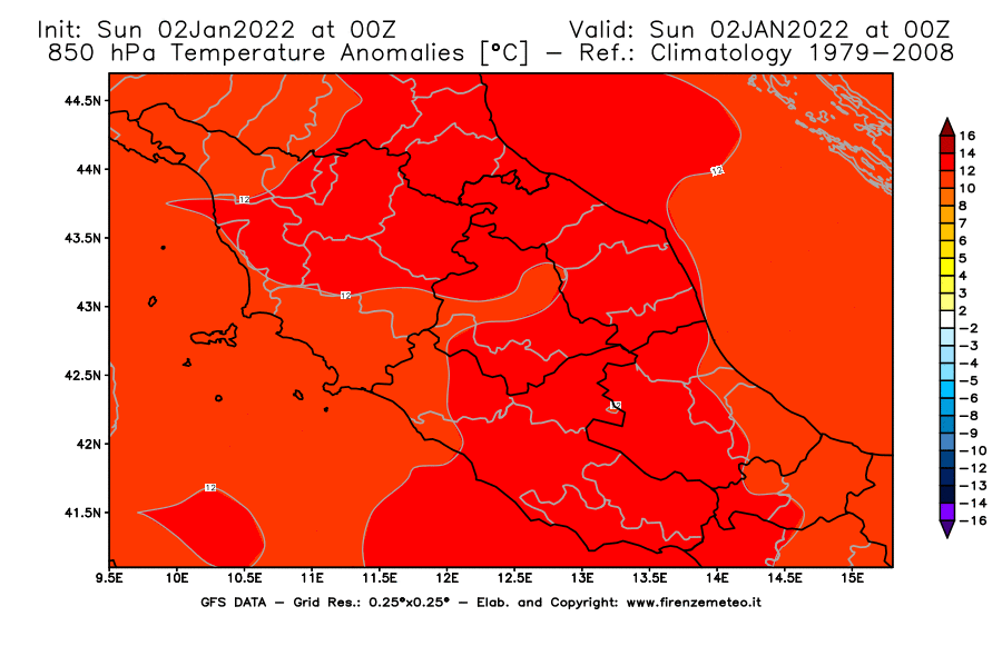 Mappa di analisi GFS - Anomalia Temperatura [°C] a 850 hPa in Centro-Italia
							del 02/01/2022 00 <!--googleoff: index-->UTC<!--googleon: index-->