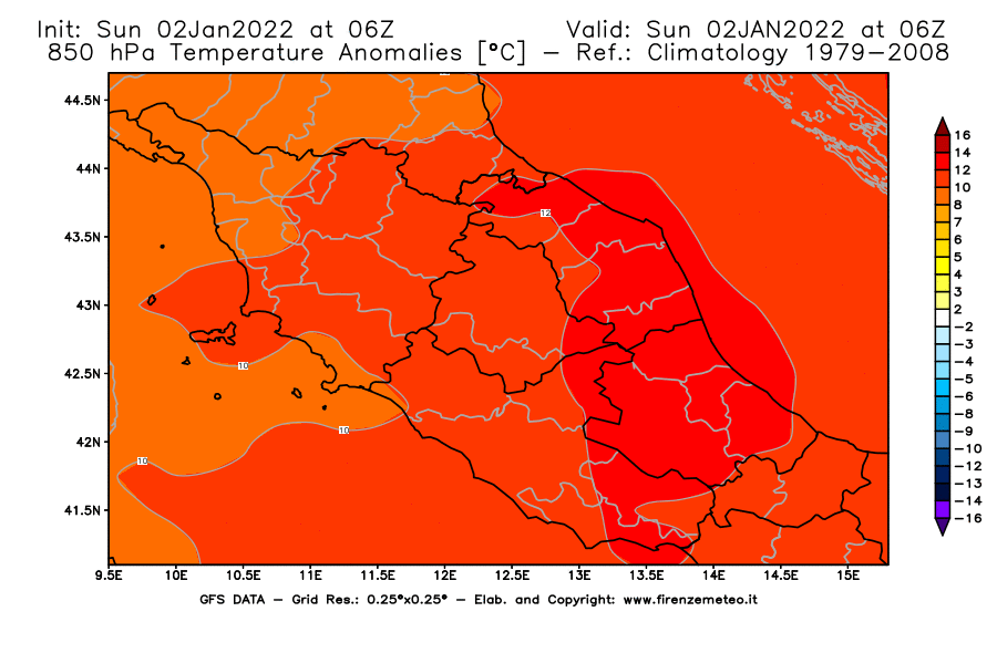 Mappa di analisi GFS - Anomalia Temperatura [°C] a 850 hPa in Centro-Italia
							del 02/01/2022 06 <!--googleoff: index-->UTC<!--googleon: index-->