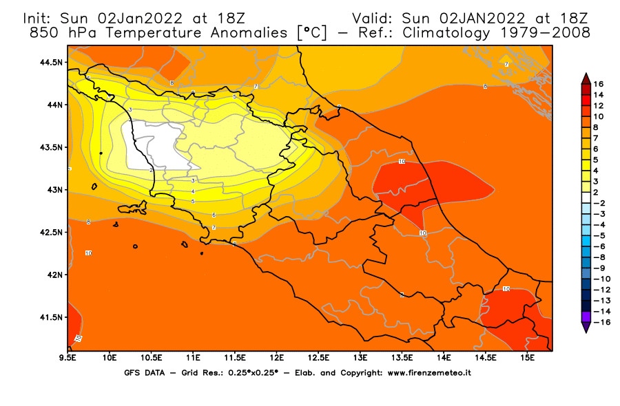 Mappa di analisi GFS - Anomalia Temperatura [°C] a 850 hPa in Centro-Italia
							del 02/01/2022 18 <!--googleoff: index-->UTC<!--googleon: index-->