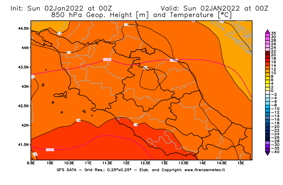 Mappa di analisi GFS - Geopotenziale [m] e Temperatura [°C] a 850 hPa in Centro-Italia
							del 02/01/2022 00 <!--googleoff: index-->UTC<!--googleon: index-->