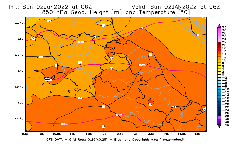 Mappa di analisi GFS - Geopotenziale [m] e Temperatura [°C] a 850 hPa in Centro-Italia
							del 02/01/2022 06 <!--googleoff: index-->UTC<!--googleon: index-->