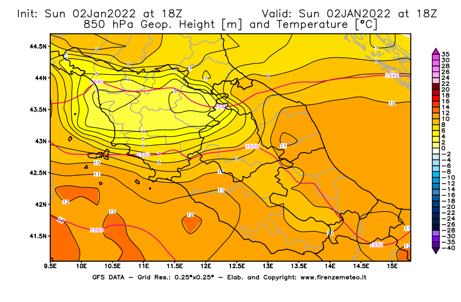 Mappa di analisi GFS - Geopotenziale [m] e Temperatura [°C] a 850 hPa in Centro-Italia
							del 02/01/2022 18 <!--googleoff: index-->UTC<!--googleon: index-->