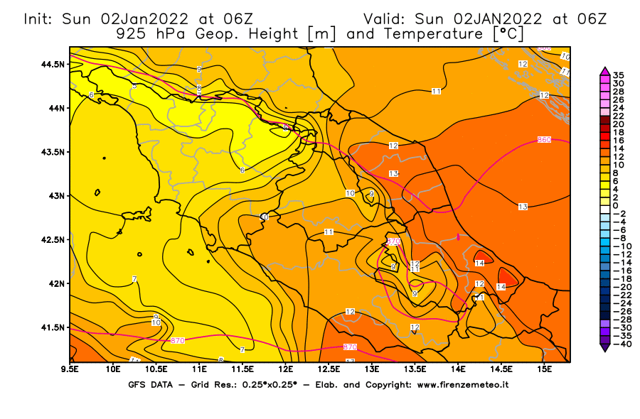 Mappa di analisi GFS - Geopotenziale [m] e Temperatura [°C] a 925 hPa in Centro-Italia
							del 02/01/2022 06 <!--googleoff: index-->UTC<!--googleon: index-->