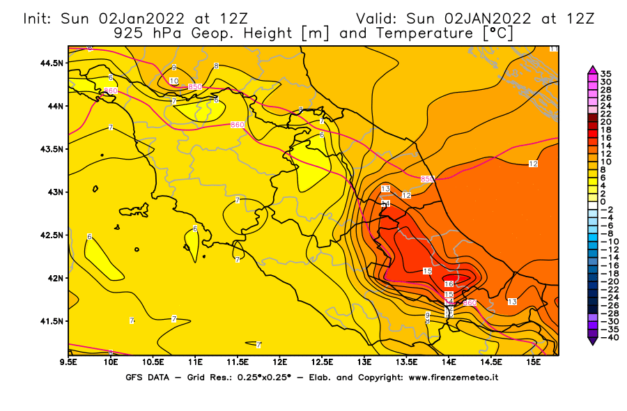 Mappa di analisi GFS - Geopotenziale [m] e Temperatura [°C] a 925 hPa in Centro-Italia
							del 02/01/2022 12 <!--googleoff: index-->UTC<!--googleon: index-->