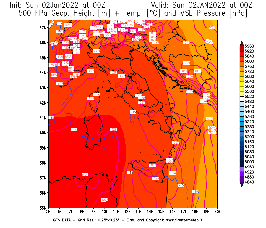 Mappa di analisi GFS - Geopotenziale [m] + Temp. [°C] a 500 hPa + Press. a livello del mare [hPa] in Italia
							del 02/01/2022 00 <!--googleoff: index-->UTC<!--googleon: index-->