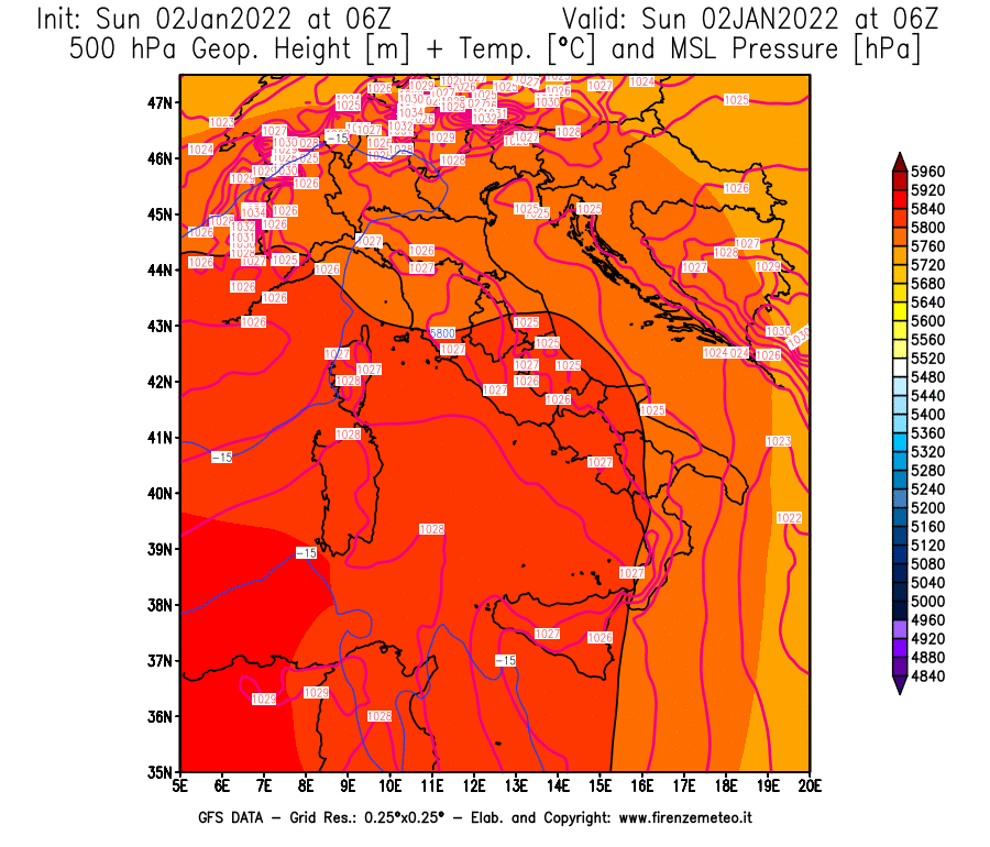 Mappa di analisi GFS - Geopotenziale [m] + Temp. [°C] a 500 hPa + Press. a livello del mare [hPa] in Italia
							del 02/01/2022 06 <!--googleoff: index-->UTC<!--googleon: index-->