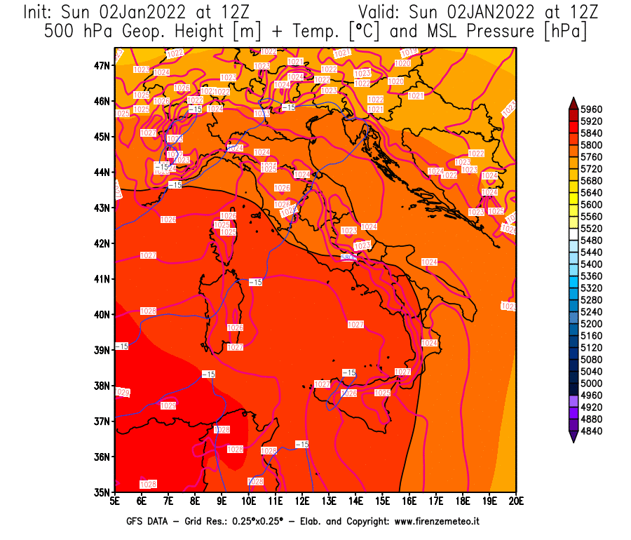 Mappa di analisi GFS - Geopotenziale [m] + Temp. [°C] a 500 hPa + Press. a livello del mare [hPa] in Italia
							del 02/01/2022 12 <!--googleoff: index-->UTC<!--googleon: index-->