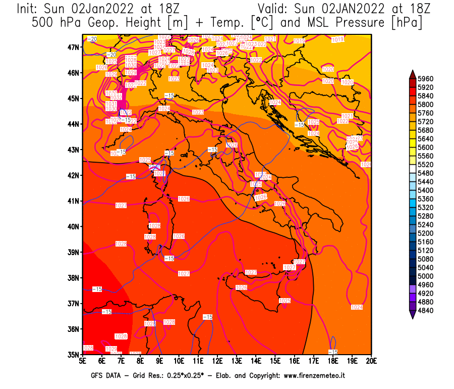 Mappa di analisi GFS - Geopotenziale [m] + Temp. [°C] a 500 hPa + Press. a livello del mare [hPa] in Italia
							del 02/01/2022 18 <!--googleoff: index-->UTC<!--googleon: index-->