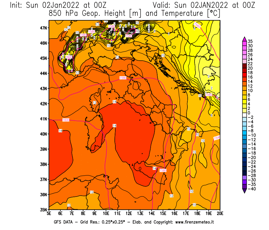 Mappa di analisi GFS - Geopotenziale [m] e Temperatura [°C] a 850 hPa in Italia
							del 02/01/2022 00 <!--googleoff: index-->UTC<!--googleon: index-->