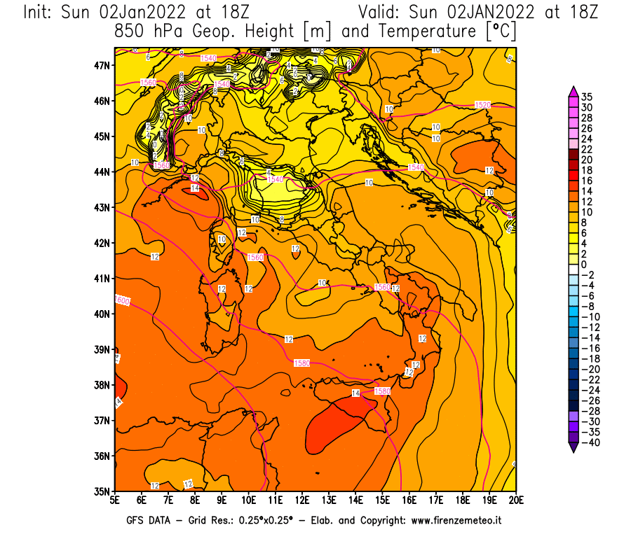 Mappa di analisi GFS - Geopotenziale [m] e Temperatura [°C] a 850 hPa in Italia
							del 02/01/2022 18 <!--googleoff: index-->UTC<!--googleon: index-->