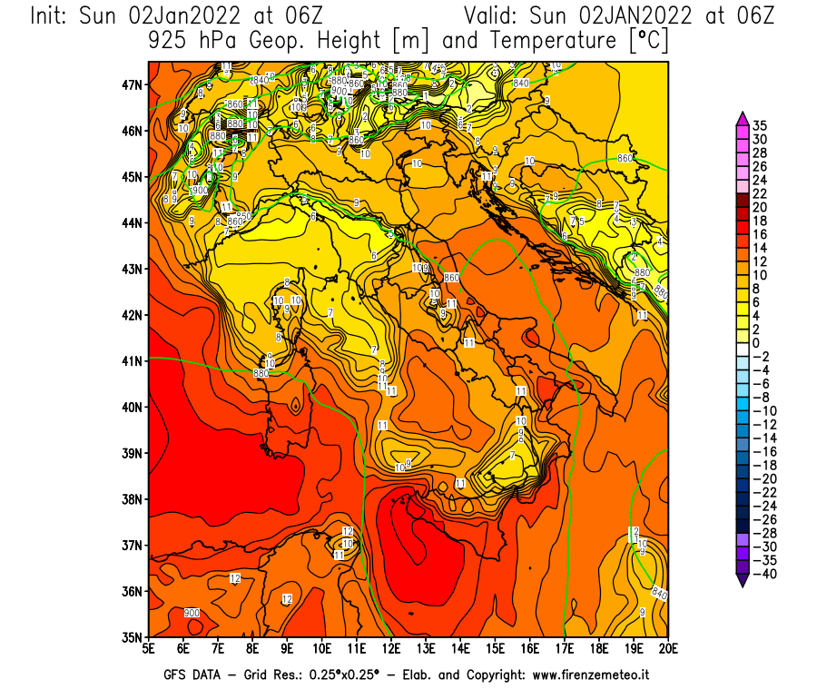 Mappa di analisi GFS - Geopotenziale [m] e Temperatura [°C] a 925 hPa in Italia
							del 02/01/2022 06 <!--googleoff: index-->UTC<!--googleon: index-->