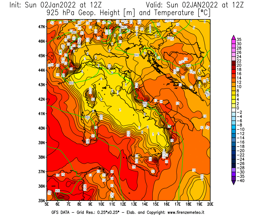 Mappa di analisi GFS - Geopotenziale [m] e Temperatura [°C] a 925 hPa in Italia
							del 02/01/2022 12 <!--googleoff: index-->UTC<!--googleon: index-->