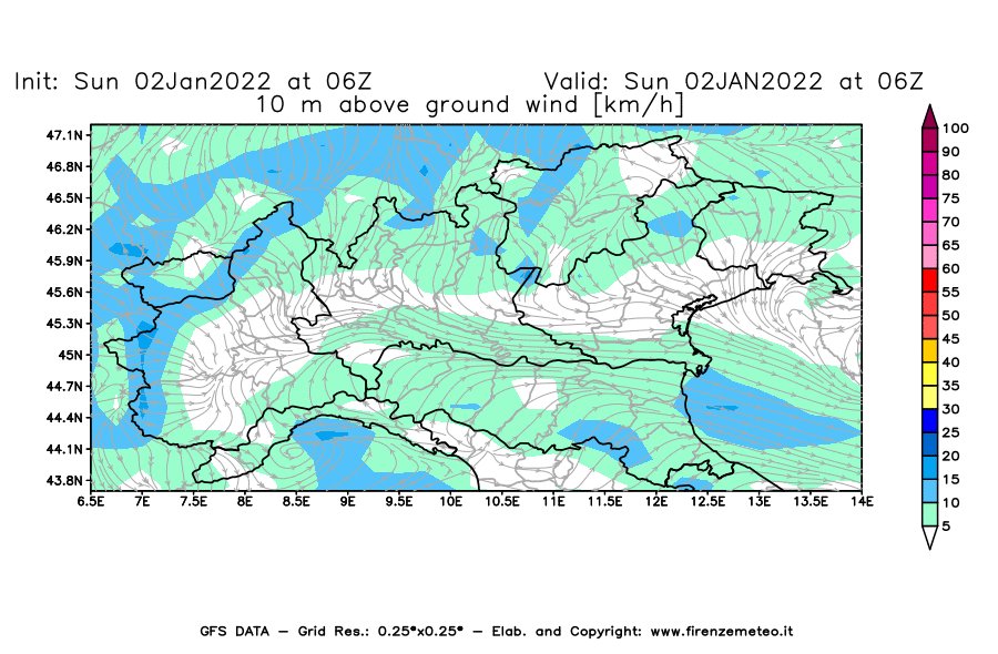 Mappa di analisi GFS - Velocità del vento a 10 metri dal suolo [km/h] in Nord-Italia
							del 02/01/2022 06 <!--googleoff: index-->UTC<!--googleon: index-->