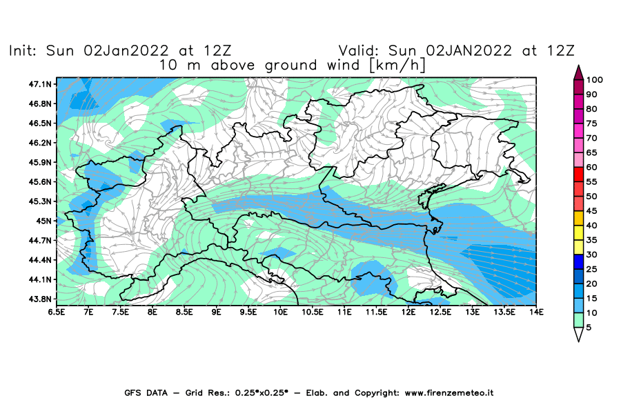 Mappa di analisi GFS - Velocità del vento a 10 metri dal suolo [km/h] in Nord-Italia
							del 02/01/2022 12 <!--googleoff: index-->UTC<!--googleon: index-->