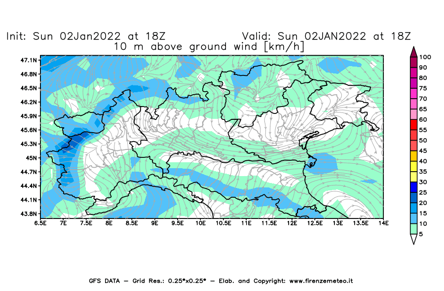 Mappa di analisi GFS - Velocità del vento a 10 metri dal suolo [km/h] in Nord-Italia
							del 02/01/2022 18 <!--googleoff: index-->UTC<!--googleon: index-->