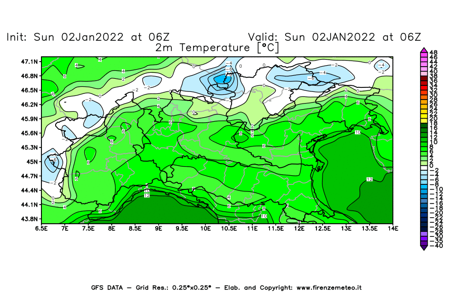 Mappa di analisi GFS - Temperatura a 2 metri dal suolo [°C] in Nord-Italia
							del 02/01/2022 06 <!--googleoff: index-->UTC<!--googleon: index-->