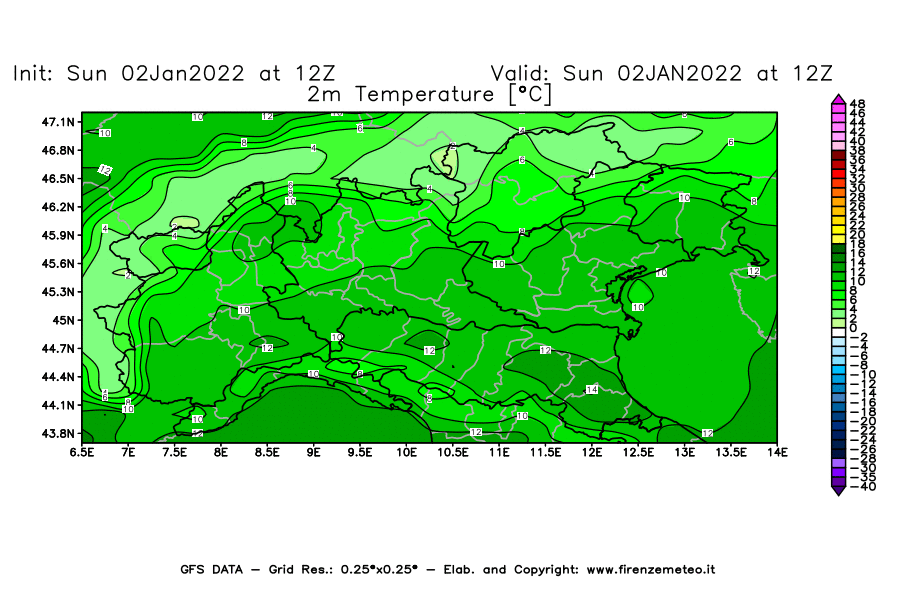 Mappa di analisi GFS - Temperatura a 2 metri dal suolo [°C] in Nord-Italia
							del 02/01/2022 12 <!--googleoff: index-->UTC<!--googleon: index-->