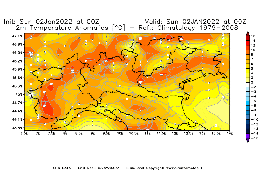 Mappa di analisi GFS - Anomalia Temperatura [°C] a 2 m in Nord-Italia
							del 02/01/2022 00 <!--googleoff: index-->UTC<!--googleon: index-->