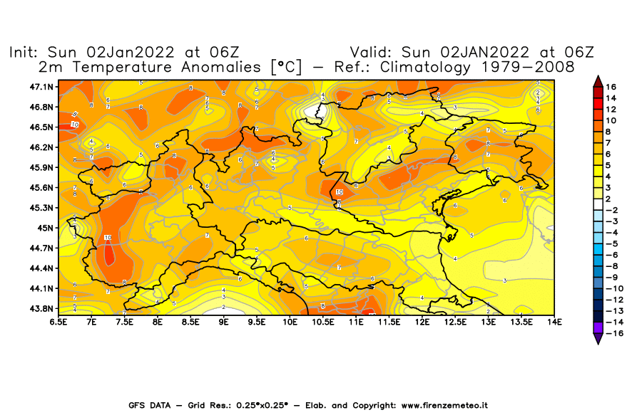 Mappa di analisi GFS - Anomalia Temperatura [°C] a 2 m in Nord-Italia
							del 02/01/2022 06 <!--googleoff: index-->UTC<!--googleon: index-->