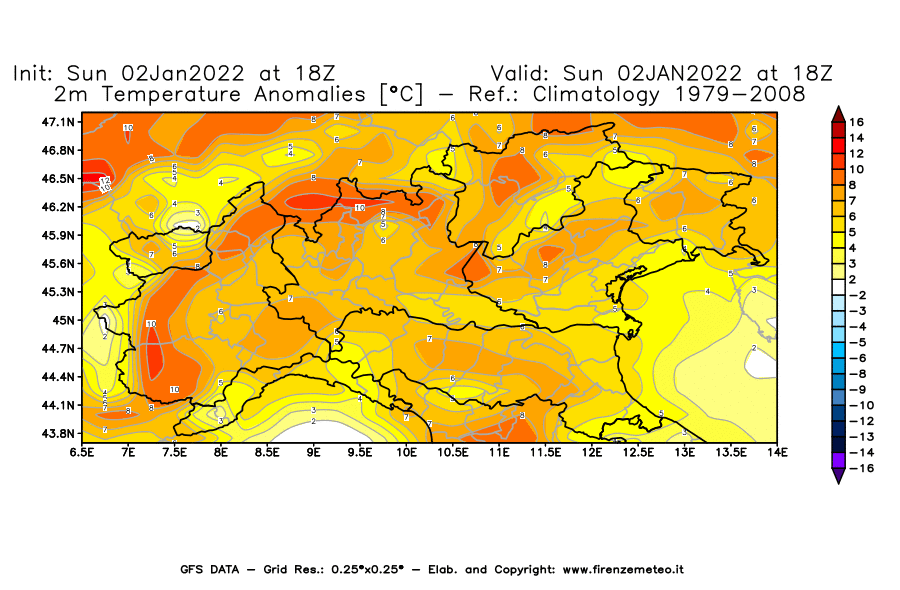 Mappa di analisi GFS - Anomalia Temperatura [°C] a 2 m in Nord-Italia
							del 02/01/2022 18 <!--googleoff: index-->UTC<!--googleon: index-->