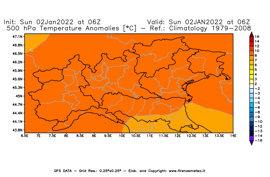 Mappa di analisi GFS - Anomalia Temperatura [°C] a 500 hPa in Nord-Italia
							del 02/01/2022 06 <!--googleoff: index-->UTC<!--googleon: index-->