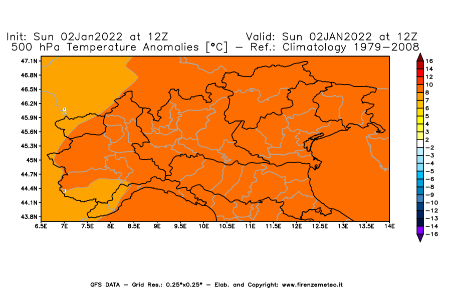 Mappa di analisi GFS - Anomalia Temperatura [°C] a 500 hPa in Nord-Italia
							del 02/01/2022 12 <!--googleoff: index-->UTC<!--googleon: index-->