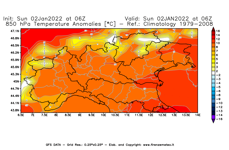 Mappa di analisi GFS - Anomalia Temperatura [°C] a 850 hPa in Nord-Italia
							del 02/01/2022 06 <!--googleoff: index-->UTC<!--googleon: index-->