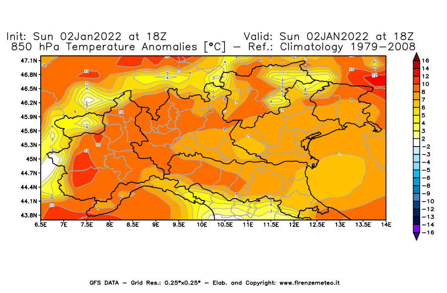 Mappa di analisi GFS - Anomalia Temperatura [°C] a 850 hPa in Nord-Italia
							del 02/01/2022 18 <!--googleoff: index-->UTC<!--googleon: index-->
