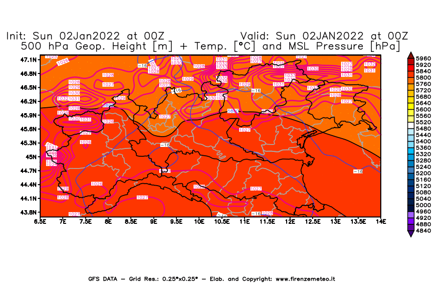Mappa di analisi GFS - Geopotenziale [m] + Temp. [°C] a 500 hPa + Press. a livello del mare [hPa] in Nord-Italia
							del 02/01/2022 00 <!--googleoff: index-->UTC<!--googleon: index-->