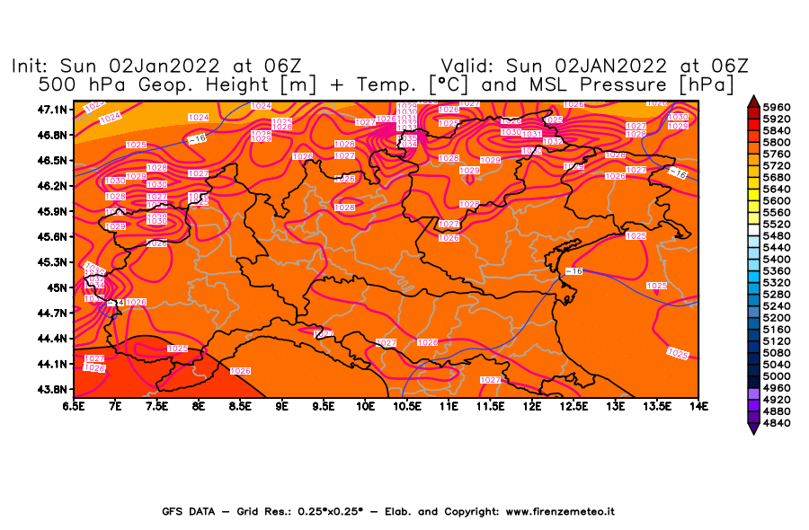 Mappa di analisi GFS - Geopotenziale [m] + Temp. [°C] a 500 hPa + Press. a livello del mare [hPa] in Nord-Italia
							del 02/01/2022 06 <!--googleoff: index-->UTC<!--googleon: index-->