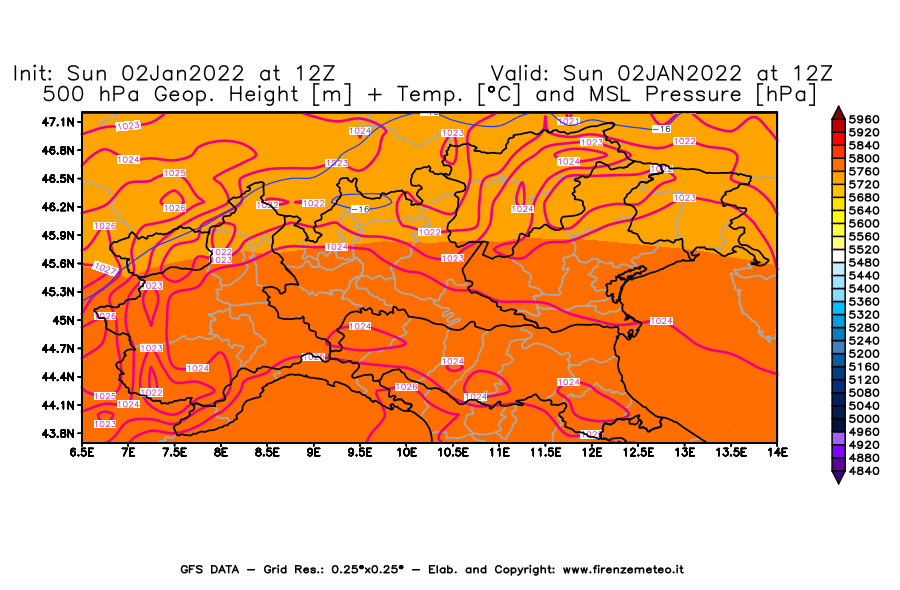 Mappa di analisi GFS - Geopotenziale [m] + Temp. [°C] a 500 hPa + Press. a livello del mare [hPa] in Nord-Italia
							del 02/01/2022 12 <!--googleoff: index-->UTC<!--googleon: index-->