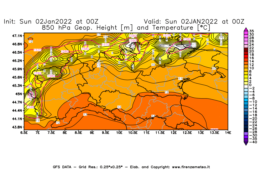 Mappa di analisi GFS - Geopotenziale [m] e Temperatura [°C] a 850 hPa in Nord-Italia
							del 02/01/2022 00 <!--googleoff: index-->UTC<!--googleon: index-->