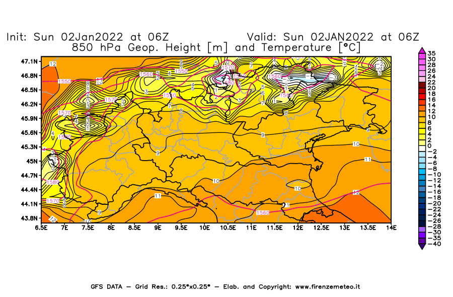 Mappa di analisi GFS - Geopotenziale [m] e Temperatura [°C] a 850 hPa in Nord-Italia
							del 02/01/2022 06 <!--googleoff: index-->UTC<!--googleon: index-->