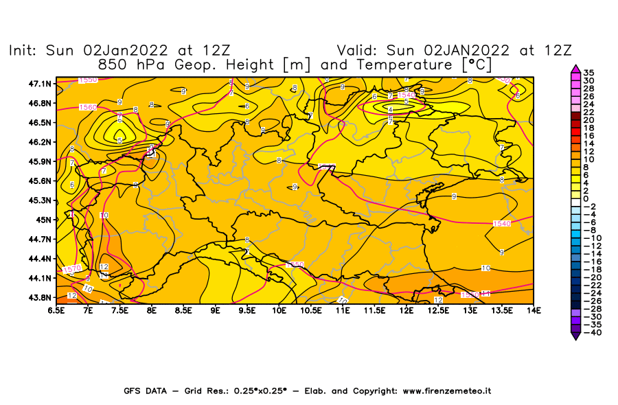 Mappa di analisi GFS - Geopotenziale [m] e Temperatura [°C] a 850 hPa in Nord-Italia
							del 02/01/2022 12 <!--googleoff: index-->UTC<!--googleon: index-->