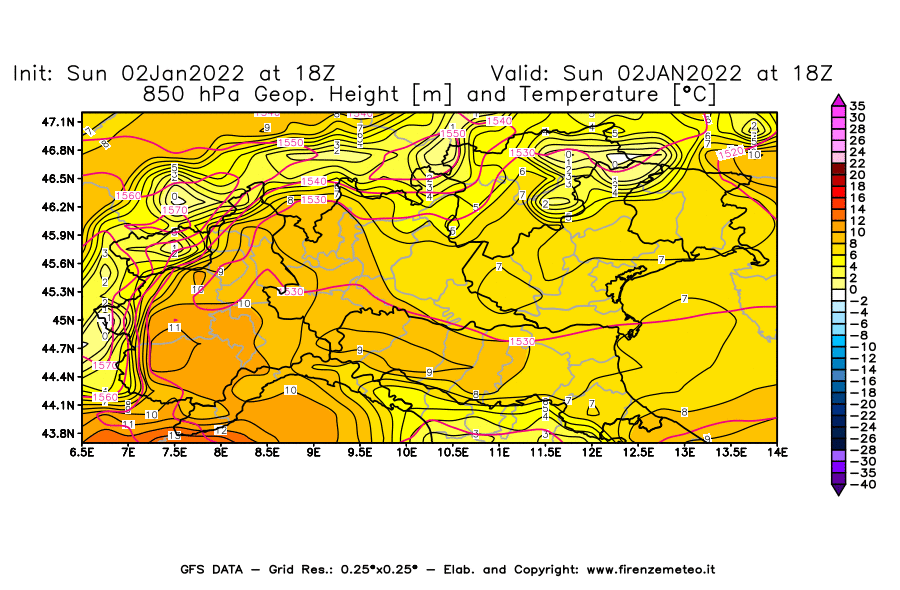 Mappa di analisi GFS - Geopotenziale [m] e Temperatura [°C] a 850 hPa in Nord-Italia
							del 02/01/2022 18 <!--googleoff: index-->UTC<!--googleon: index-->