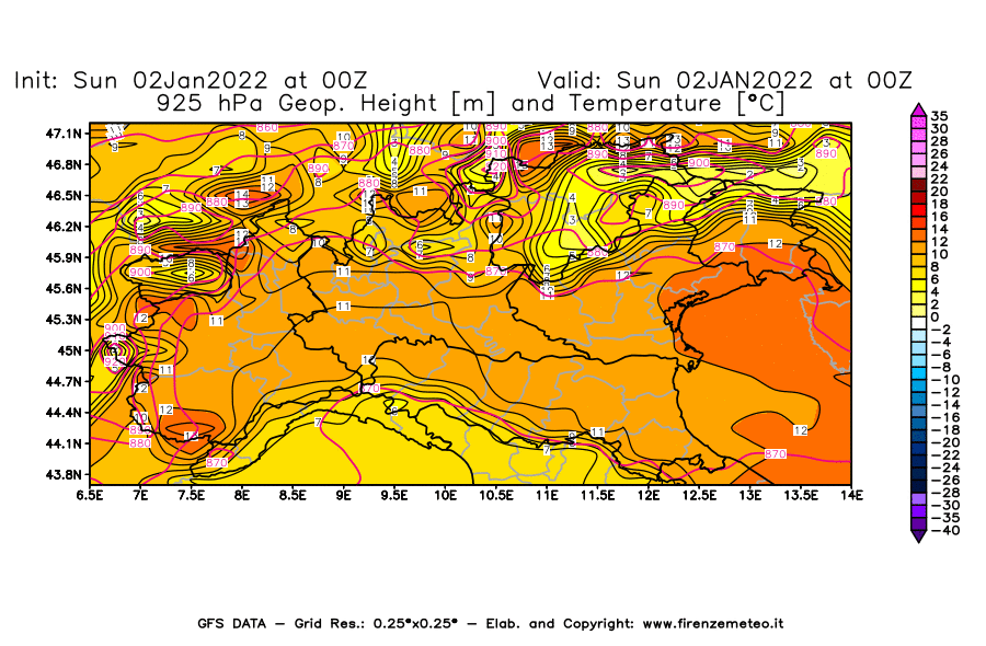 Mappa di analisi GFS - Geopotenziale [m] e Temperatura [°C] a 925 hPa in Nord-Italia
							del 02/01/2022 00 <!--googleoff: index-->UTC<!--googleon: index-->
