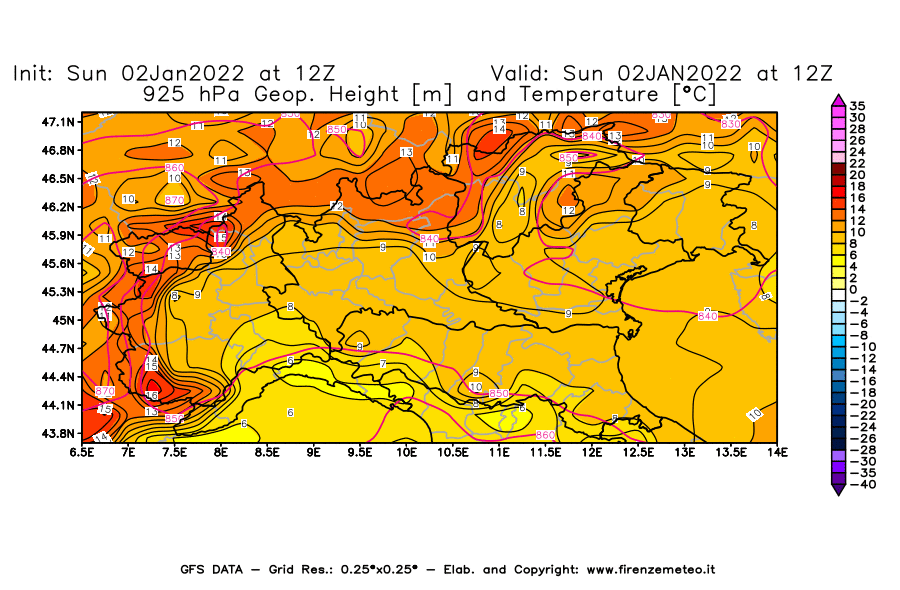 Mappa di analisi GFS - Geopotenziale [m] e Temperatura [°C] a 925 hPa in Nord-Italia
							del 02/01/2022 12 <!--googleoff: index-->UTC<!--googleon: index-->