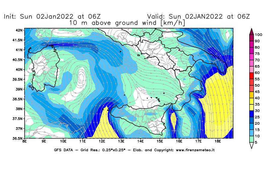 Mappa di analisi GFS - Velocità del vento a 10 metri dal suolo [km/h] in Sud-Italia
							del 02/01/2022 06 <!--googleoff: index-->UTC<!--googleon: index-->