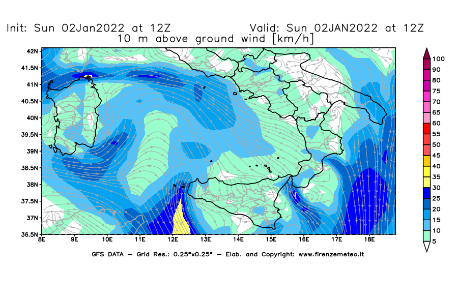 Mappa di analisi GFS - Velocità del vento a 10 metri dal suolo [km/h] in Sud-Italia
							del 02/01/2022 12 <!--googleoff: index-->UTC<!--googleon: index-->