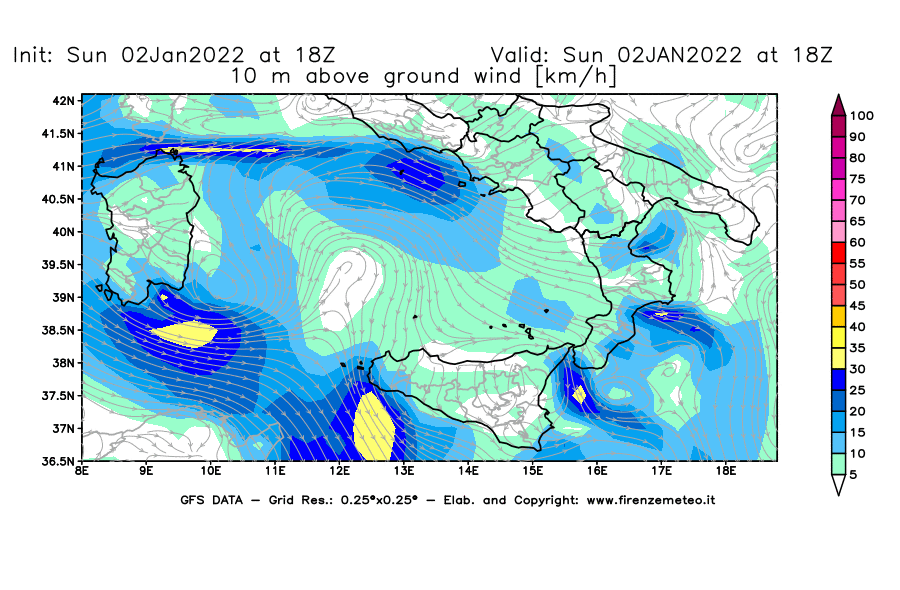 Mappa di analisi GFS - Velocità del vento a 10 metri dal suolo [km/h] in Sud-Italia
							del 02/01/2022 18 <!--googleoff: index-->UTC<!--googleon: index-->