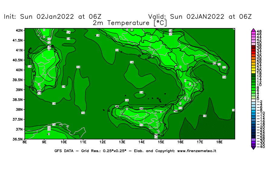 Mappa di analisi GFS - Temperatura a 2 metri dal suolo [°C] in Sud-Italia
							del 02/01/2022 06 <!--googleoff: index-->UTC<!--googleon: index-->